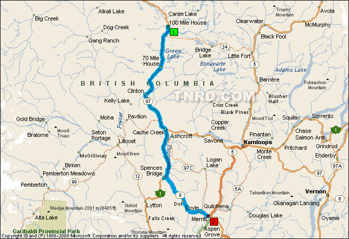 100 Mile House to Merritt Map